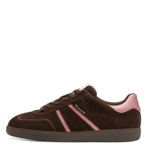 Tamaris Ladies Chocolate Suede Laced Smart Trainer - Pink Accents - 23624 368