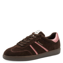 Load image into Gallery viewer, Tamaris Ladies Chocolate Suede Laced Smart Trainer - Pink Accents - 23624 368
