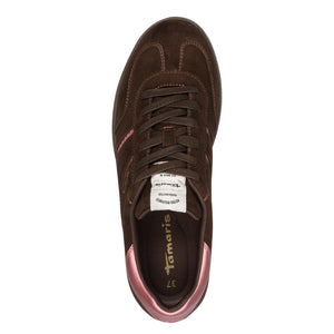 Tamaris Ladies Chocolate Suede Laced Smart Trainer - Pink Accents - 23624 368