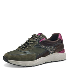 Load image into Gallery viewer, Tamaris Ladies Khaki with Pink Accents Laced Smart Trainer - 23745
