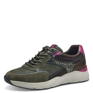 Tamaris Ladies Khaki with Pink Accents Laced Smart Trainer - 23745