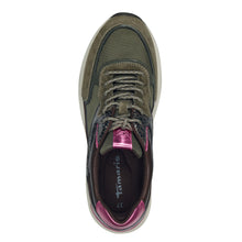 Load image into Gallery viewer, Tamaris Ladies Khaki with Pink Accents Laced Smart Trainer - 23745
