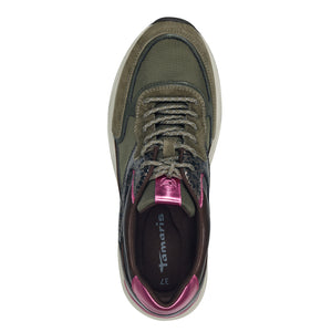 Tamaris Ladies Khaki with Pink Accents Laced Smart Trainer - 23745