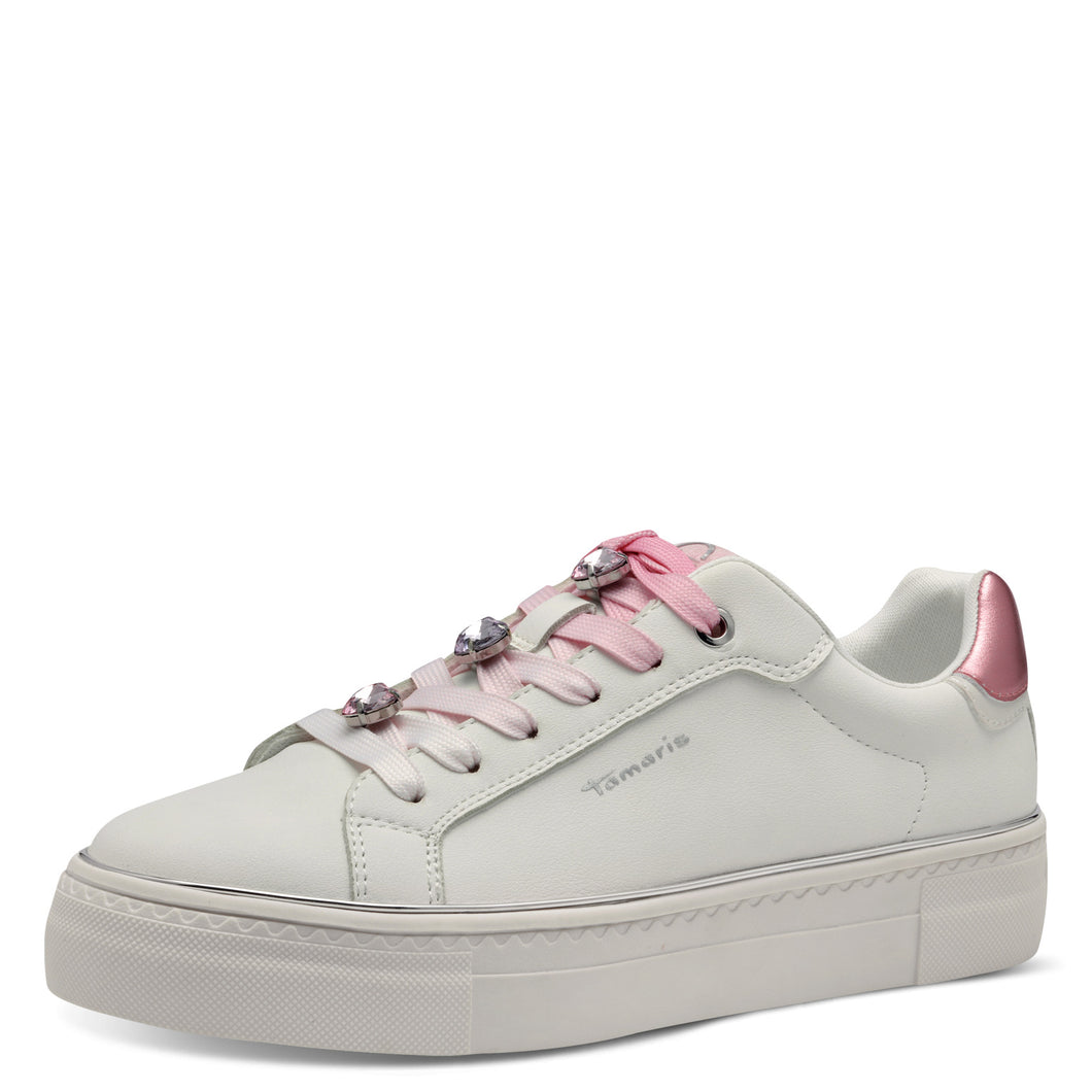 Tamaris Ladies White Trainer Style with Pink Accents - 23751