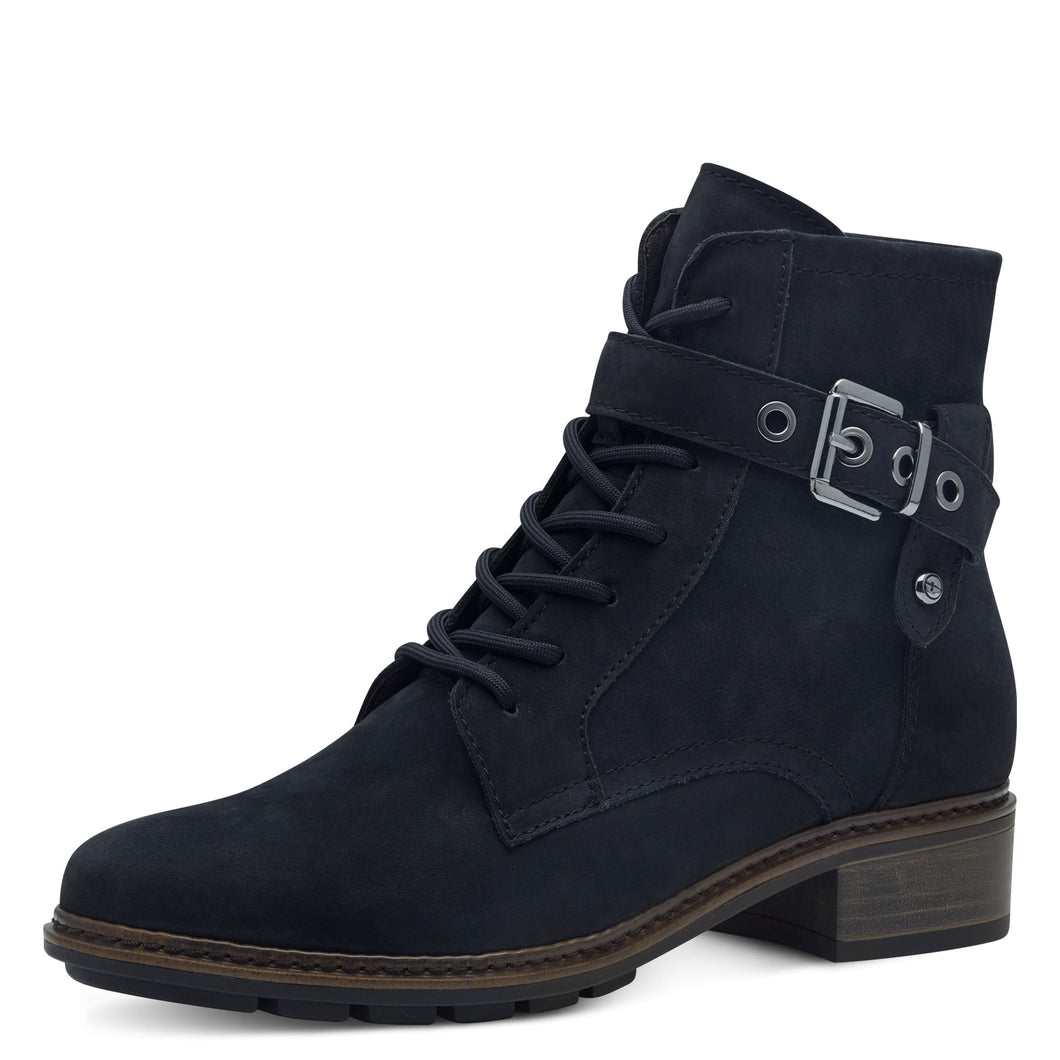 Tamaris Ladies Navy Nubuck Ankle Boot - Laced and Zip Fastening - 25265