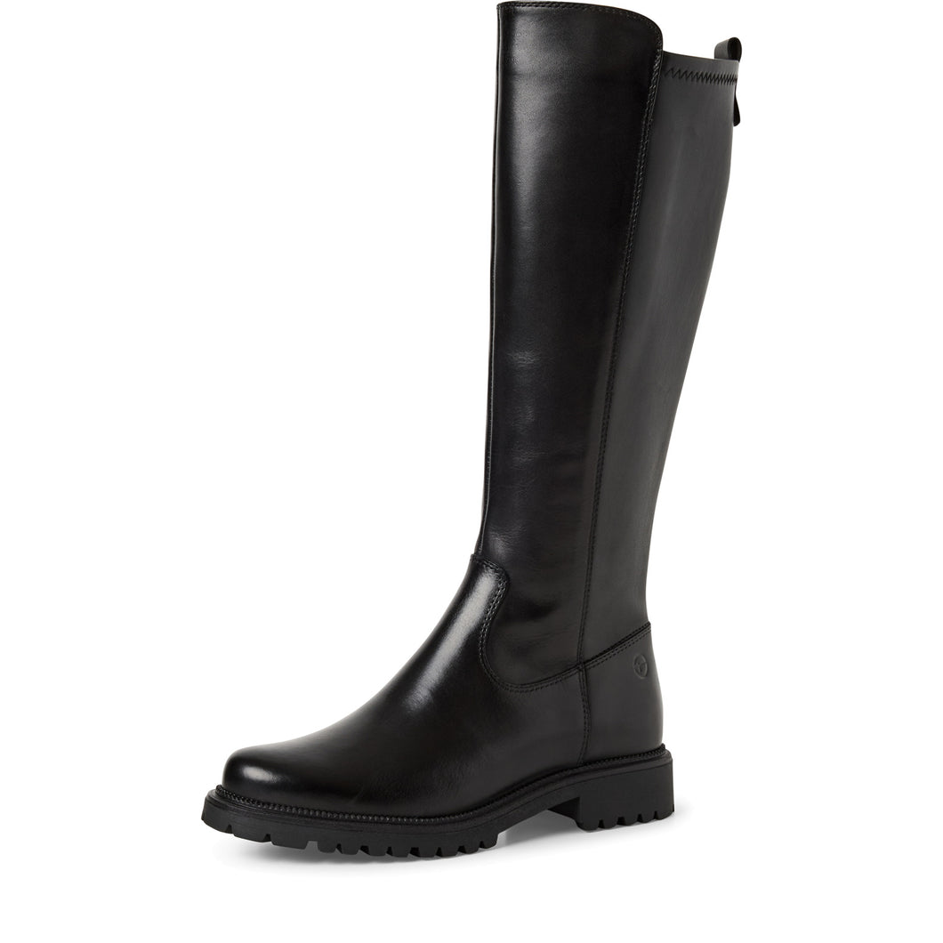 Tamaris Ladies Long Leg Black Boot with Stretch Panel - 25605