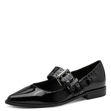 Load image into Gallery viewer, Marco TOZZI Ladies Black Patent Smart Flat Buckled Pump = 22128 018
