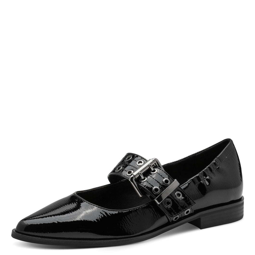 Marco TOZZI Ladies Black Patent Smart Flat Buckled Pump = 22128 018