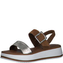Load image into Gallery viewer, Marco Tozzi Ladies Leather Sandal - Tan and Platinum Two Strap Buckle Fastening - 28240
