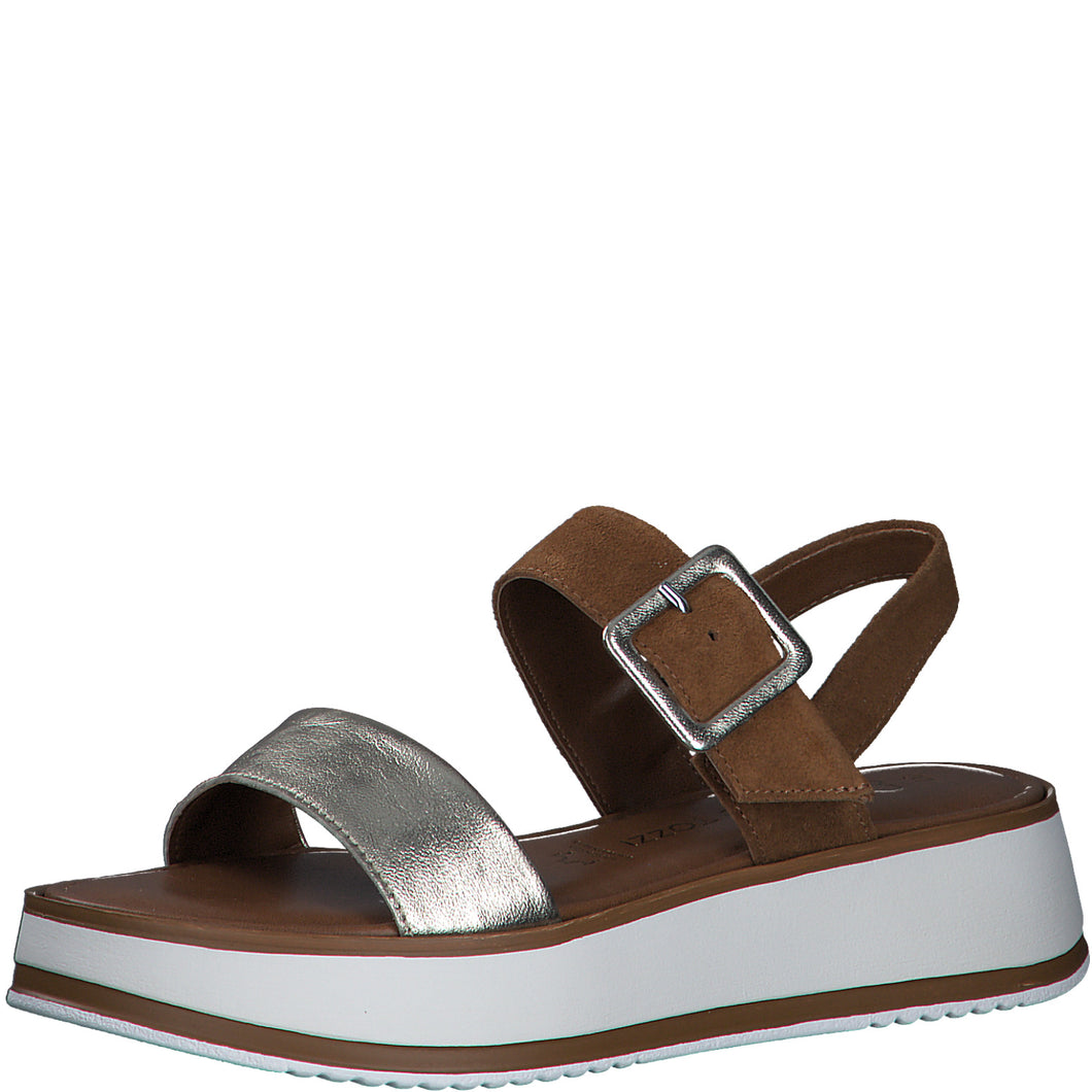 Marco Tozzi Ladies Leather Sandal - Tan and Platinum Two Strap Buckle Fastening - 28240