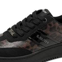 Load image into Gallery viewer, S Oliver Ladies Black Smart Laced Trainer - Leopard Panels - 23683
