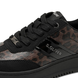 S Oliver Ladies Black Smart Laced Trainer - Leopard Panels - 23683