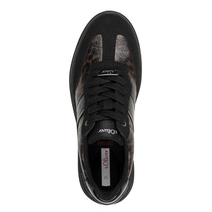 S Oliver Ladies Black Smart Laced Trainer - Leopard Panels - 23683