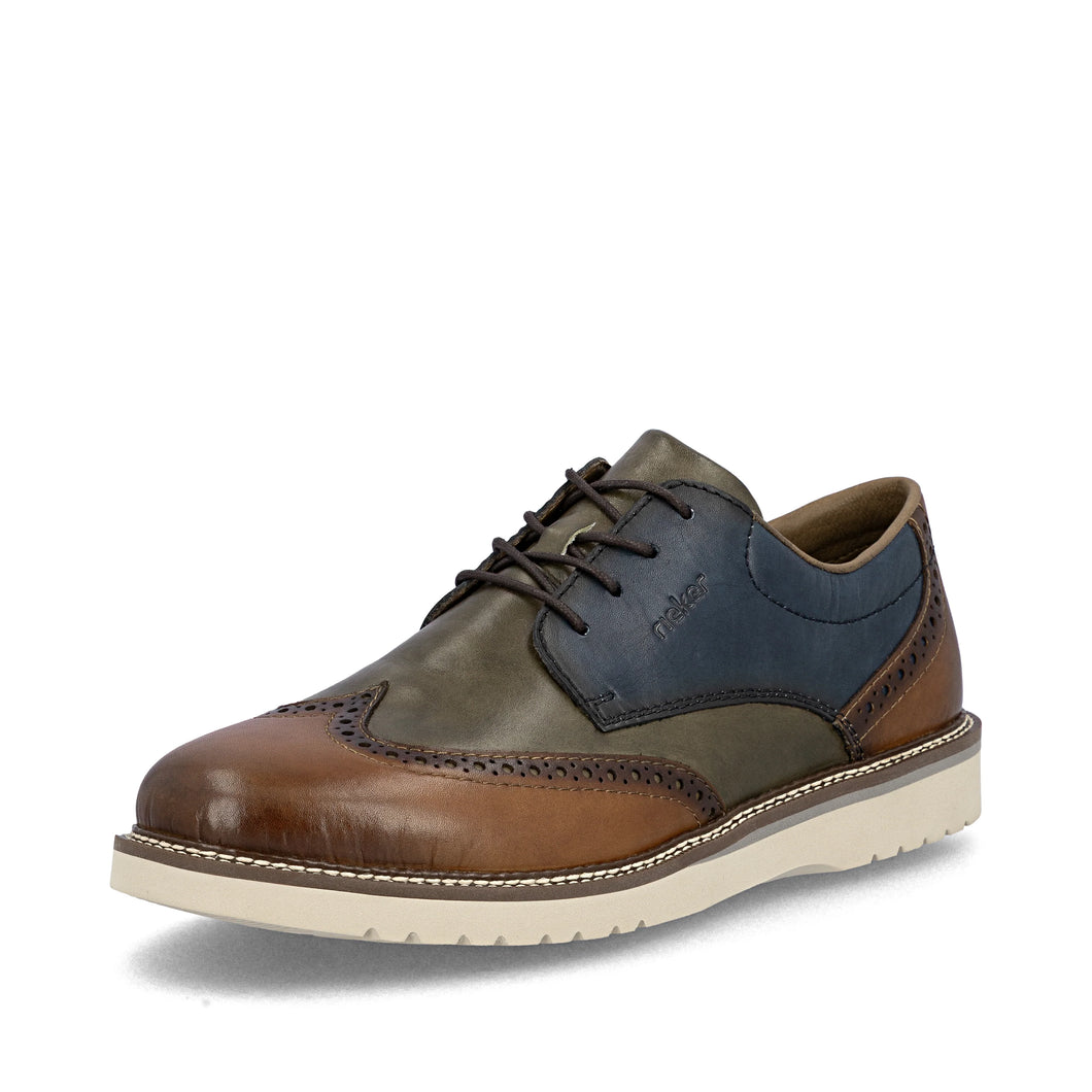 Rieker Mens Laced Smart Shoe - Tan Khaki and Navy - 04504 90