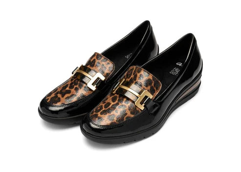 Ara Ladies Zurich Low Wedge Loafer - Black with Leopard Detail - 50609 11