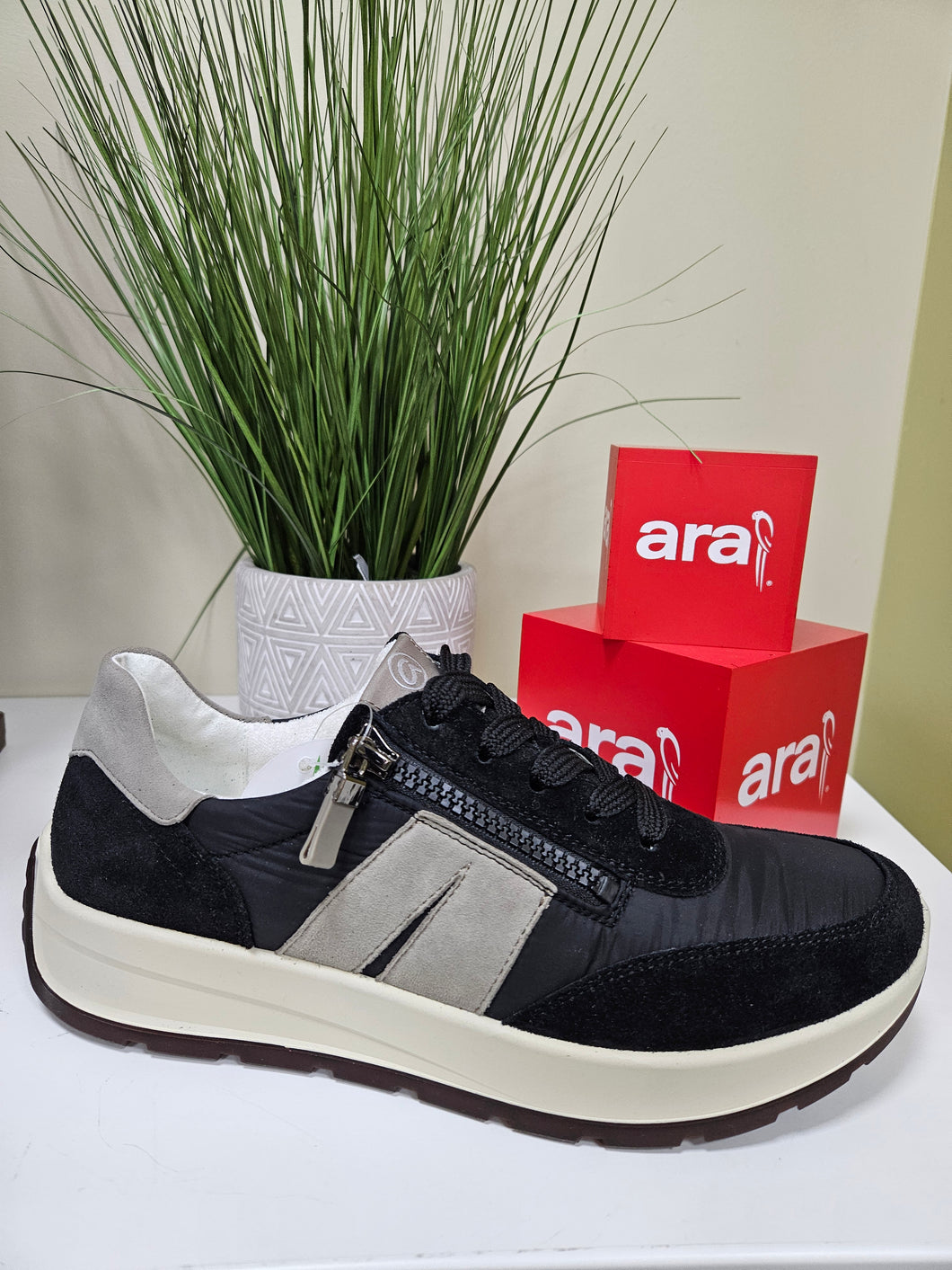 Ara Ladies Black with Grey Details Trainer Style - Lace and Zip Fastening - 25102