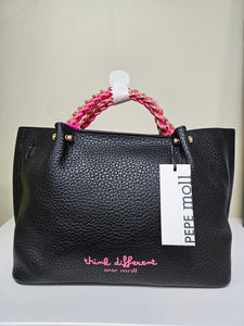 PEPE Moll Ladies Large Handbag - Black Tumbled - Pink Accents - 251431