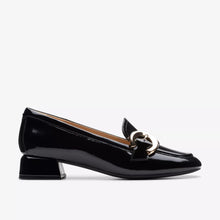 Load image into Gallery viewer, Clarks Ladies Black Patent Loafer - Contour Cushion Sole - Gold Detail - Daiss3o Trim
