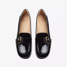 Load image into Gallery viewer, Clarks Ladies Black Patent Loafer - Contour Cushion Sole - Gold Detail - Daiss3o Trim
