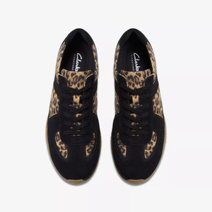 Clarks Ladies Smart Laced Trainer Style - Black and Leopard - Meridor Lo