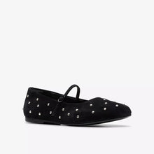 Load image into Gallery viewer, Clarks Ladies Black Suede Flat Bar Shoe with Silver Details - Livia Stud
