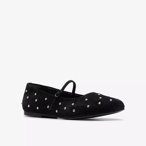Clarks Ladies Black Suede Flat Bar Shoe with Silver Details - Livia Stud