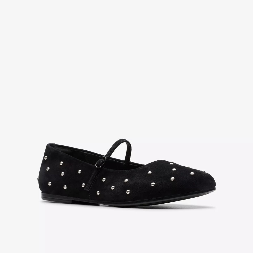 Clarks Ladies Black Suede Flat Bar Shoe with Silver Details - Livia Stud