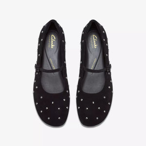 Clarks Ladies Black Suede Flat Bar Shoe with Silver Details - Livia Stud
