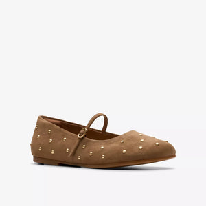 Clarks Ladies Walnut Suede Bar Shoe with Gold Details - Livia Stud