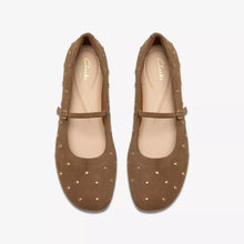 Load image into Gallery viewer, Clarks Ladies Walnut Suede Bar Shoe with Gold Details - Livia Stud
