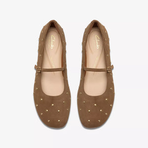 Clarks Ladies Walnut Suede Bar Shoe with Gold Details - Livia Stud