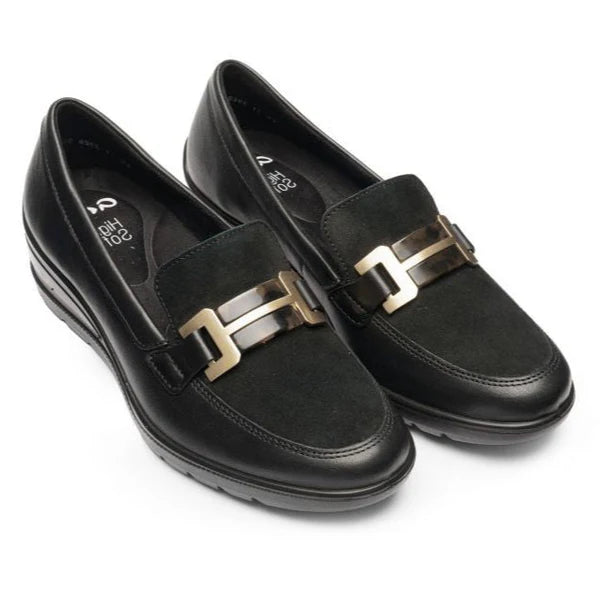 Ara Ladies Zurich Low Wedge Loafer - Black with Gold Hardware - 50609 01