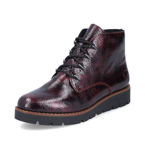 Rieker Ladies Bordeaux Patent Ankle Boot - Laced and Inside Zip Fastening - 44902