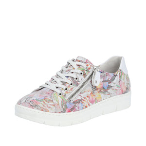 Remonte Ladies Casual Shoe - White Multi Floral Print - Laced and Zip Fastening - D5800