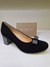 Load image into Gallery viewer, Bioeco Ladies Block Heel Court - Black Suede with Accent Details at Heel and Trim - 5856
