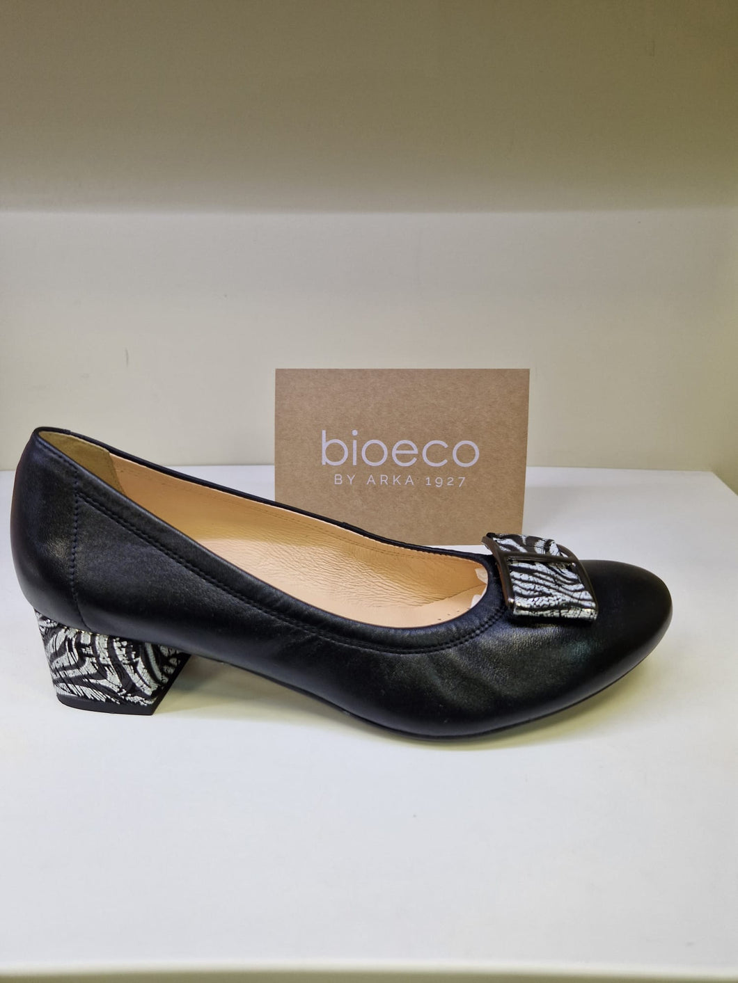 Bioeco Ladies Low Heel Court - Black Leather with Accent Details On Heel and Trim - 5632