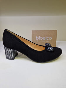 Bioeco Ladies Block Heel Court - Black Suede with Accent Details at Heel and Trim - 5856
