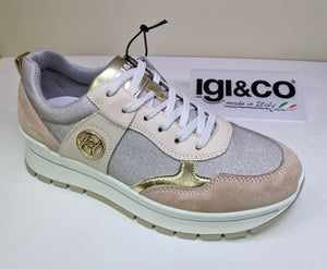 Igi & Co Ladies Smart Laced Trainer - Soft Pink and Grey Sparkle