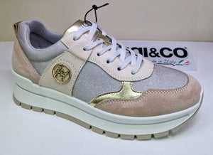 Igi & Co Ladies Smart Laced Trainer - Soft Pink and Grey Sparkle