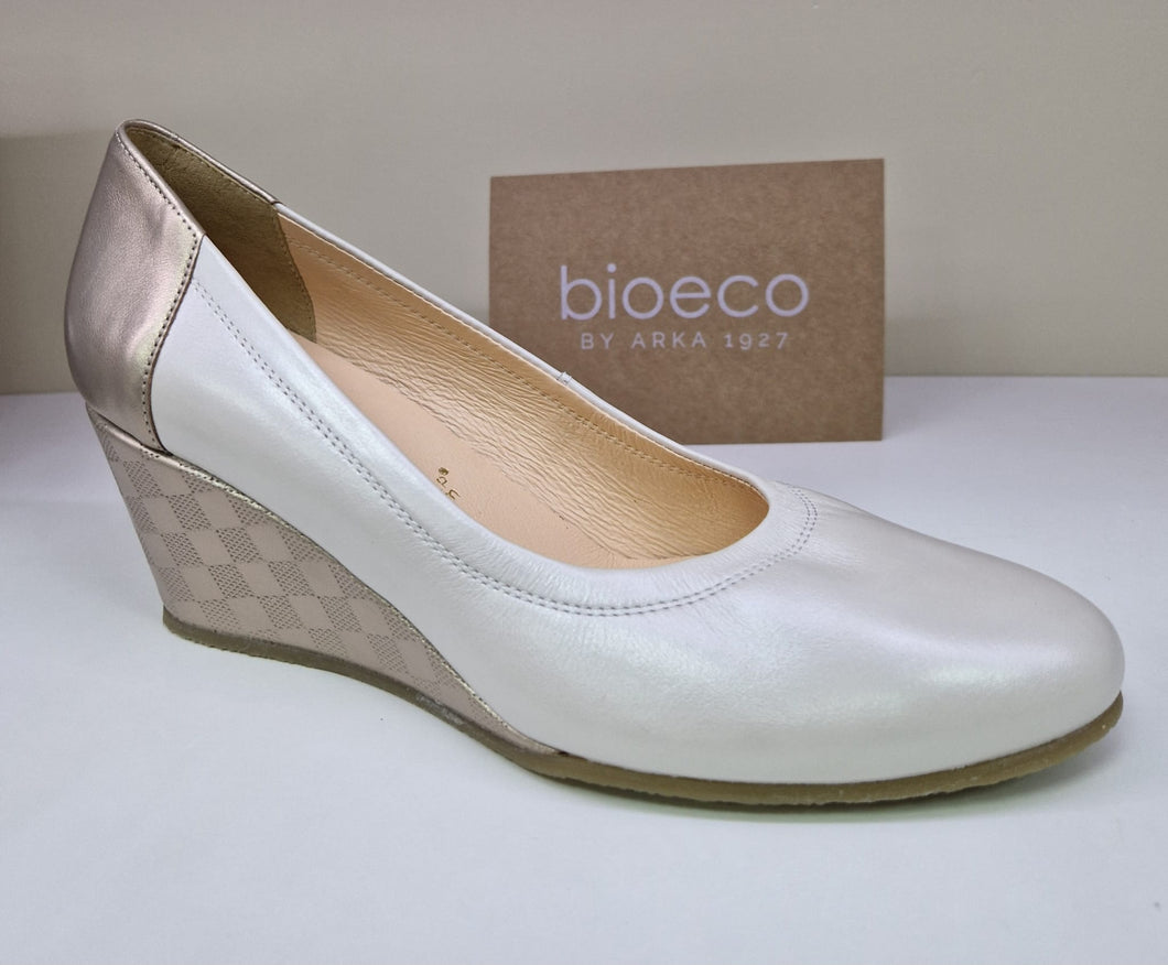 Bioeco Ladies Pearl Soft Beige Leather Wedge - Metallic Details on Heel - 5899