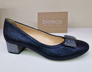 Bioeco Ladies Navy Sparkle Leather Low Block Heel - 5632