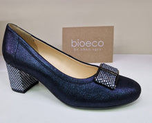 Load image into Gallery viewer, Bioeco Ladies Navy Sparkle Leather Court - Block Heel and Bow with Accent Colour - 5754
