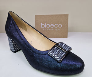 Bioeco Ladies Navy Sparkle Leather Court - Block Heel and Bow with Accent Colour - 5754