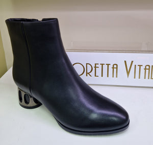 Loretta Vitale Ladies Black Leather Ankle Boot - Detailed Heel - Inside Zip Fastening