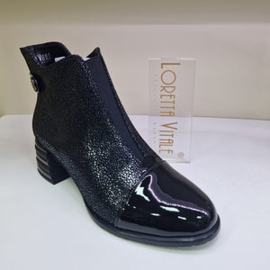 Loretta Vitale Ladies Black Leather Ankle Boot - Printed Finish and Patent Toe - 2439601