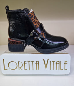 Loretta Vitale Ladies Black Patent Leopard T Bar Ankle Boot - C6909