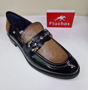 Fluchos Ladies Black / Caramel Patent Loafer With Jewel Details - Harvard 102334