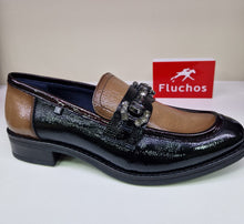 Load image into Gallery viewer, Fluchos Ladies Black / Caramel Patent Loafer With Jewel Details - Harvard 102334
