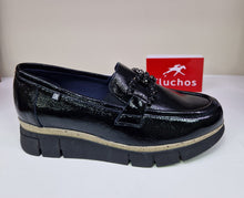Load image into Gallery viewer, Fluchos Ladies Black Patent Chunky Loafer - Jewel Detail - India 102589
