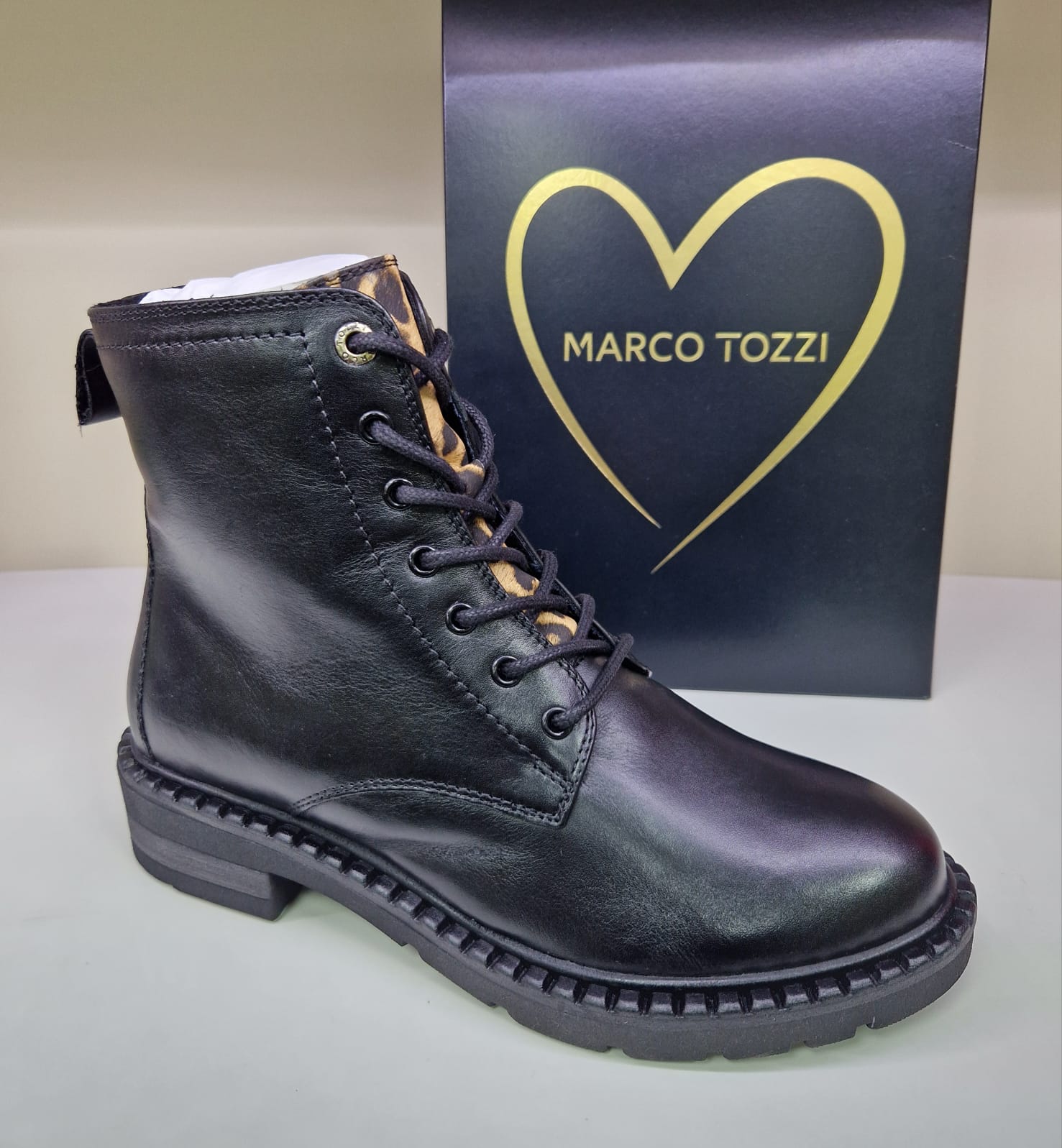 Marco Tozzi Ladies Black Ankle Boot Laced with Leopard Panel Detail  25238